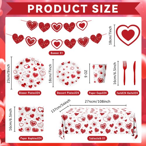 Valentines Day Party Decorations Tableware,146Pcs Valentines Plates and Napkins,Tablecloth,Cups,Forks, Knives,Banner,Heart Plates and Napkins for Kids Valentines Party Supplies,Sever 24
