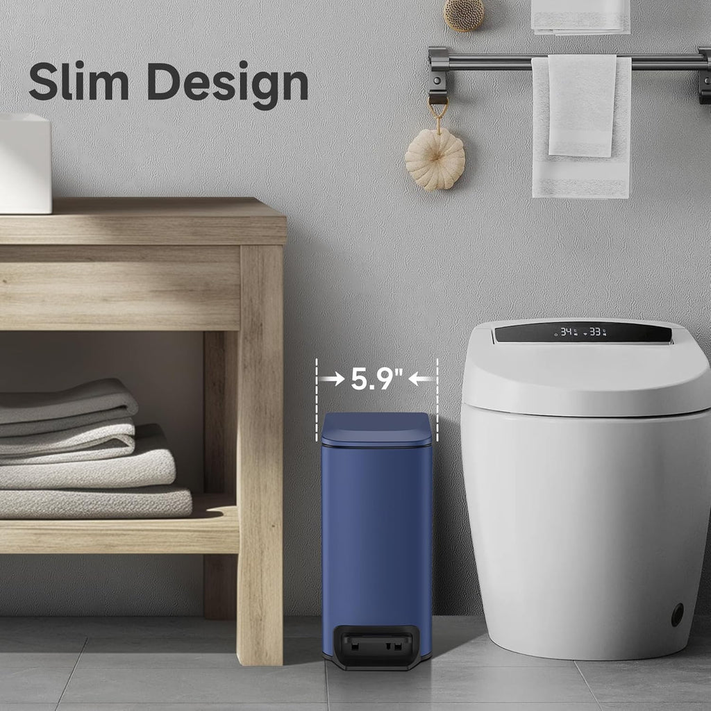 TIPGO Slim Bathroom Trash Can - Soft Close Lid & Step Pedal - 6L Stainless Steel Bin in Navy Blue