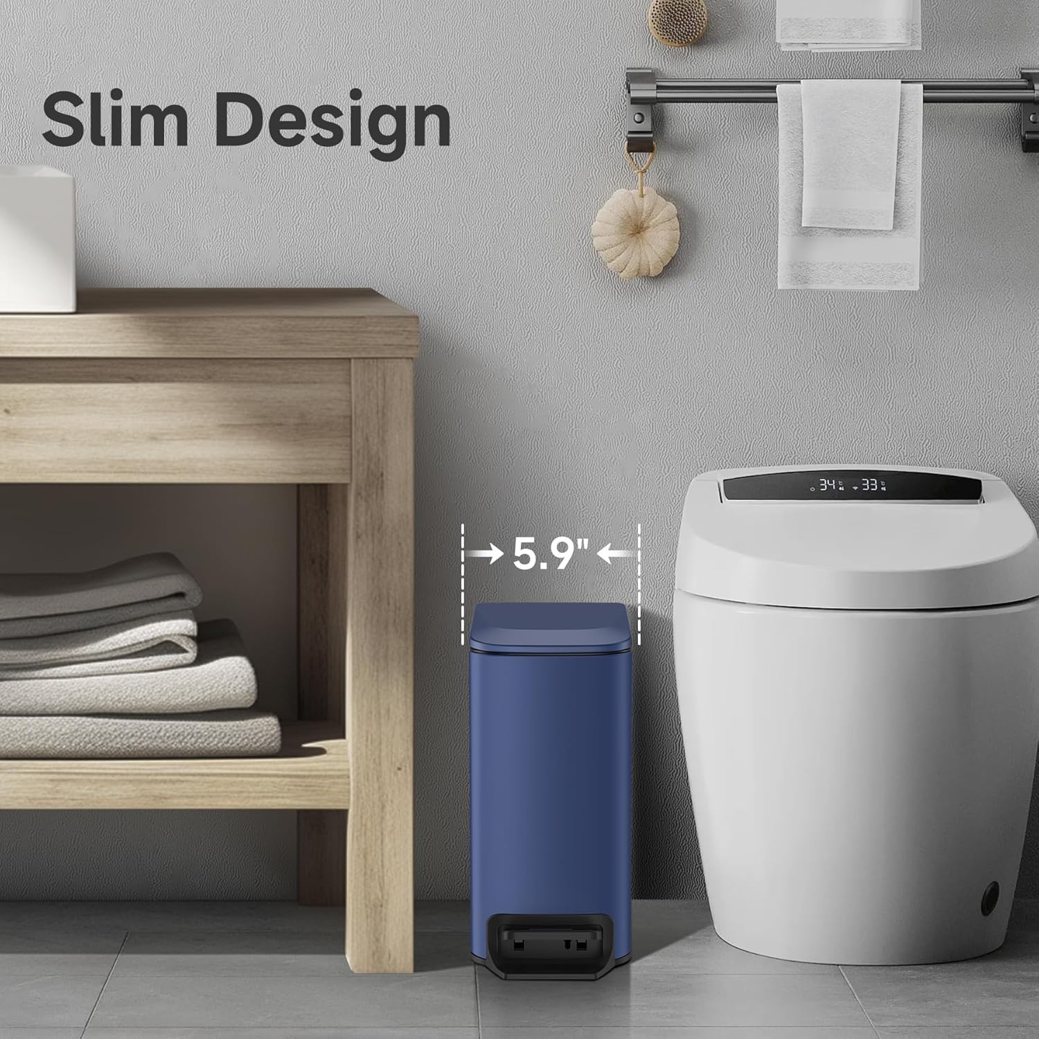 TIPGO Slim Bathroom Trash Can - Soft Close Lid & Step Pedal - 6L Stainless Steel Bin in Navy Blue