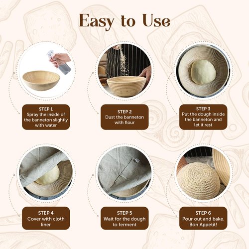 ABIOTO Bread Proofing Baskets for Sourdough Bread Baking - Set of 2 7" Round Banneton Baskets with Liners, Made of Finest Indonesian Rattan - Bake Perfect Artisan Bread Loaves at Home Like a Pro