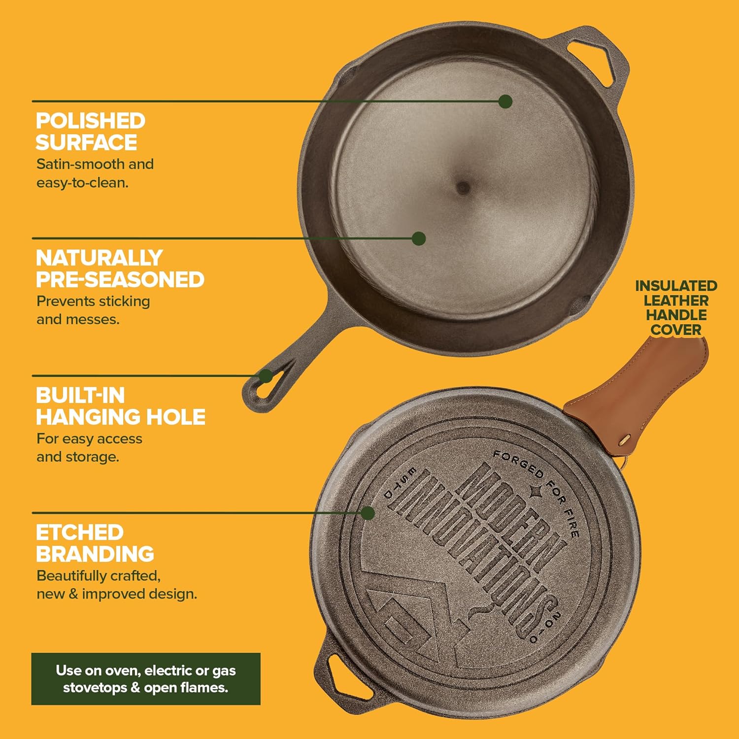 Modern Innovations 10-Inch Cast Iron Skillet - Pre-Seasoned, Heavy-Duty Non-Stick Frying Pan for Versatile Cooking