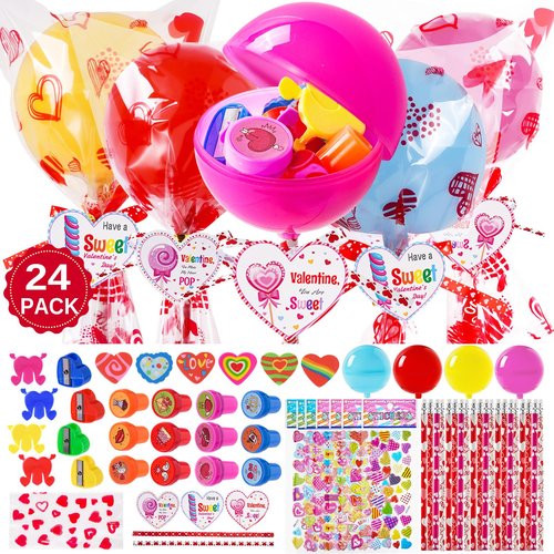 JOYLOKY 240pcs Stationery Set Valentines Day Gifts for Kids Classroom Exchange with Giant Lollipop, 24 Pack Valentines Day Cards for Kids School Party Favors Prizes Goodie Bag Stuffers