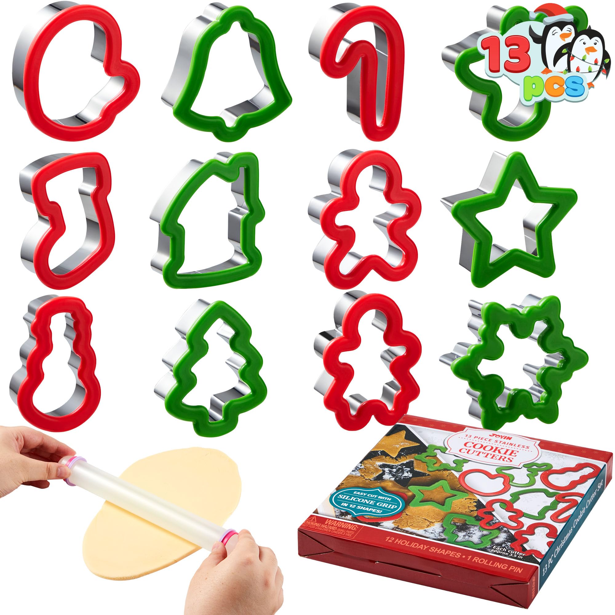 JOYIN 13 PCS Christmas Cookie Cutters in Stainless Steel with 3.5í plus Grip and a Rolling Pin for Xmas Holiday Party Baking Supplies, Snowflake, Gingerbread Cookies Mold and Baking Gift