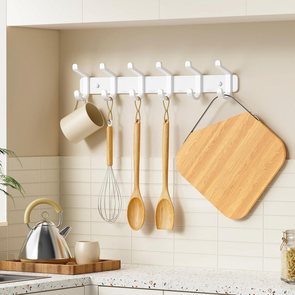 Pickpiff Coat Rack - Heavy-Duty Wall Mounted Metal Hanger with 6 Hooks for Hats, Clothes & More | White, 2 Pack