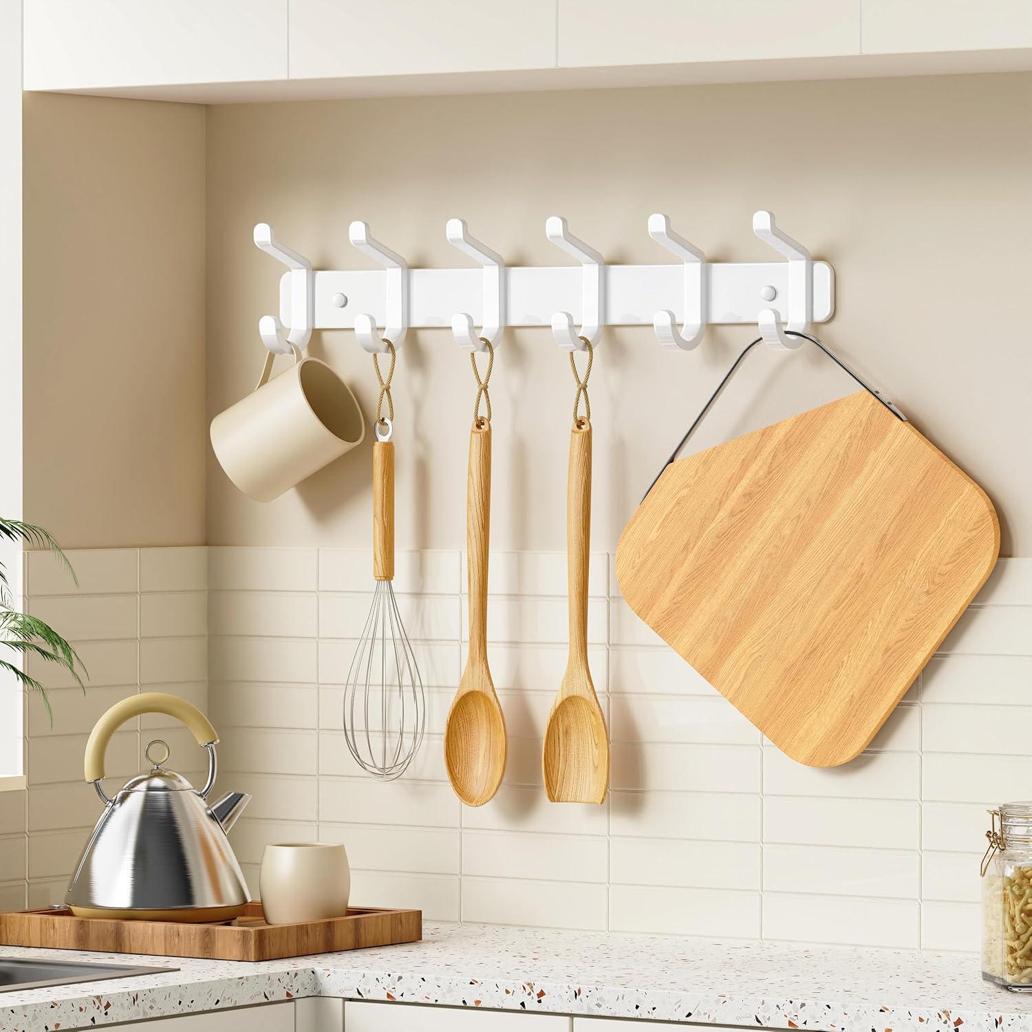 Pickpiff Coat Rack - Heavy-Duty Wall Mounted Metal Hanger with 6 Hooks for Hats, Clothes & More | White, 2 Pack