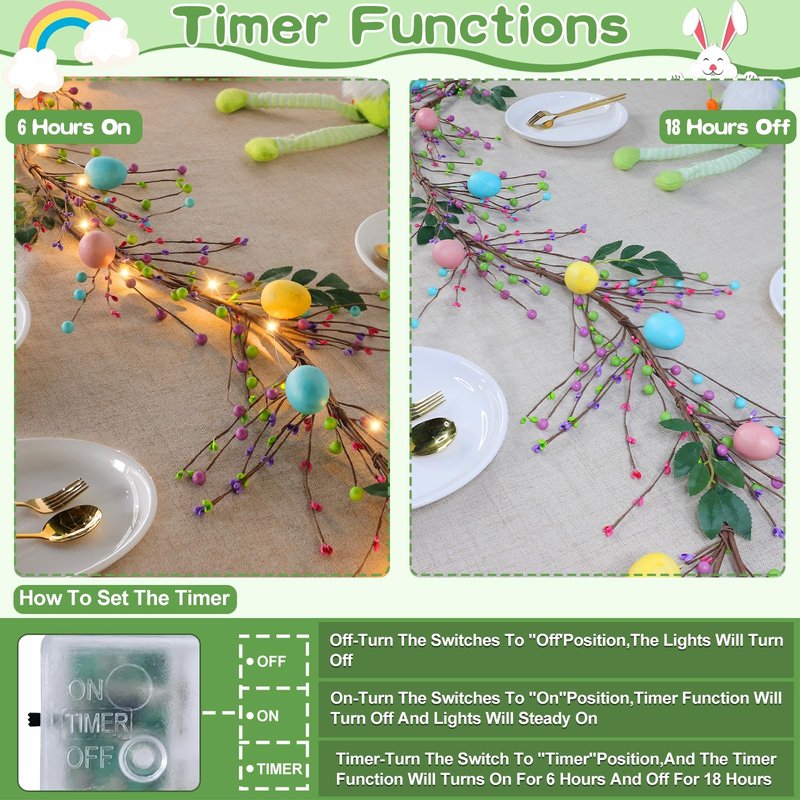 6 Ft 20 LED Easter Decorations Easter Garland with Lights Timer Colorful Eggs Mixed Berried Green Leafed Artificial Easters Egg Garland Spring Garlands for Home Mantle Fireplace Table Indoor Outdoor