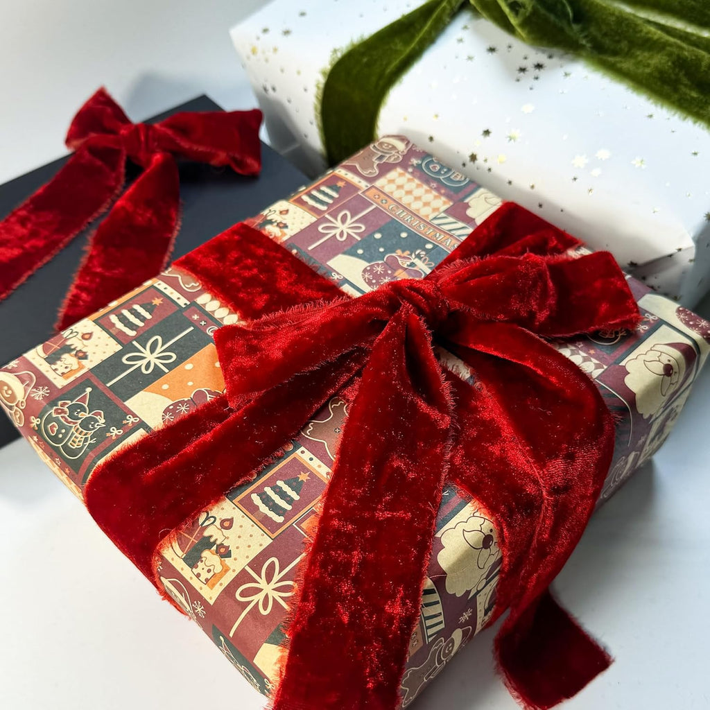 Red Velvet Ribbon - 1.5 Inch Handmade Silk Fabric, 5 Yards for Gift Wrapping, Bouquets & Ornaments