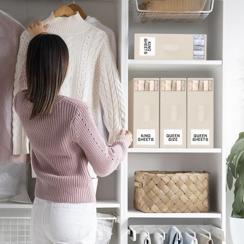 StorageTastic 4 Pack Bed Sheet Closet Organizers and Storage,Sturdy Foldable Storage Containers with Window and Label,Storage and Organization for Bedding Sheets,Duvet Covers,Blankets (Beige)