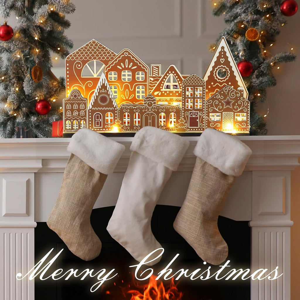 Rossesay Gingerbread House Tabletop Decorations - Light-Up Wooden Christmas Village Centerpiece | Rustic Farmhouse Decor