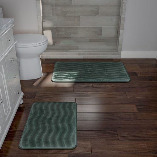 Lavish Home Bathroom Rug Set- 2-Piece Memory Foam Bath Mats-Wavy Microfiber Top-Non-Slip Absorbent Runner for Shower, Tub, Sink, or Kitchen (Green)