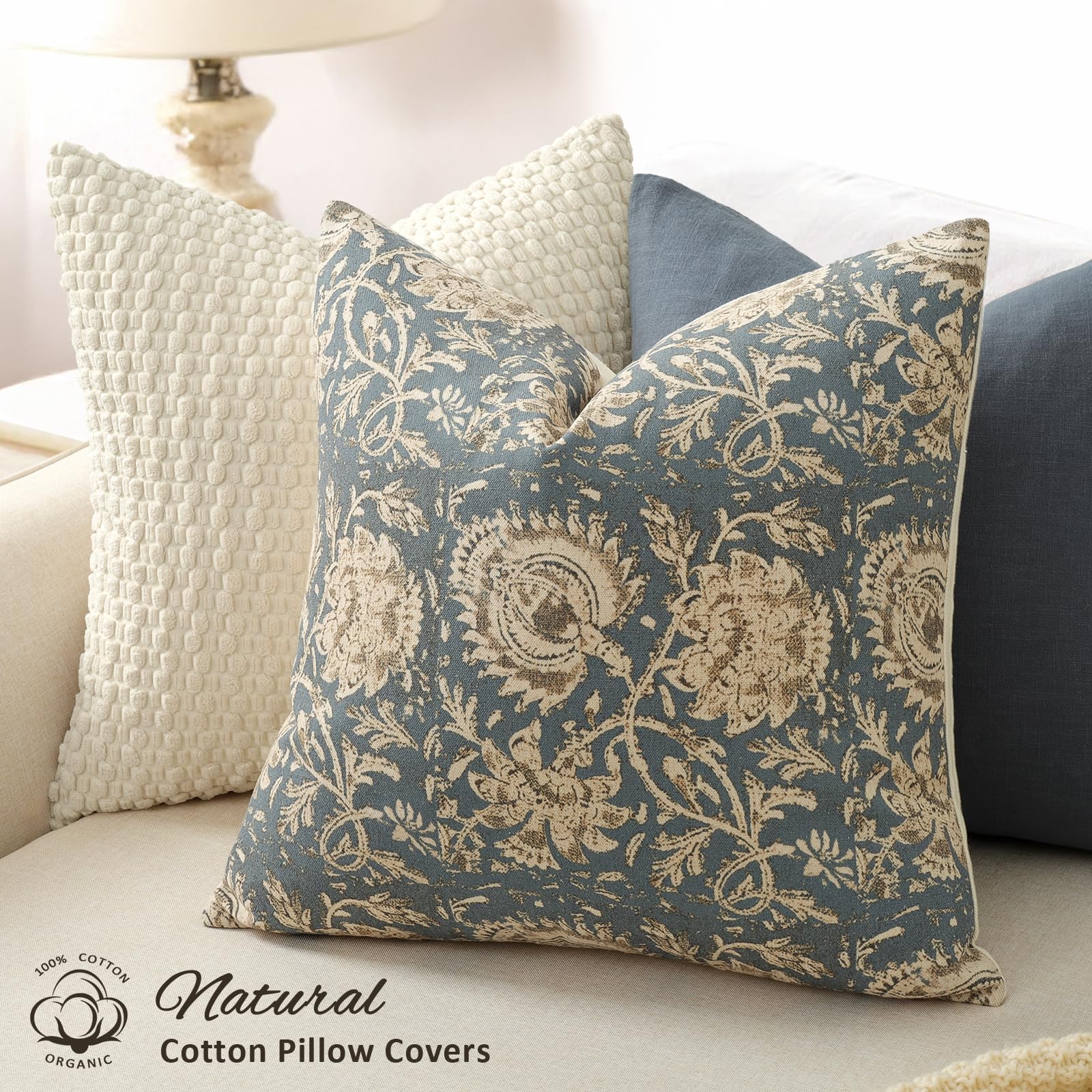 DKwizme Vintage Floral Print Throw Pillow Covers 18x18 Set of 2 Neutral Modern Farmhouse Pillowcase Accent Decorative Cushion Covers Boho Home Decor for Couch Sofa Chair Bed Living Room, Dusty Blue