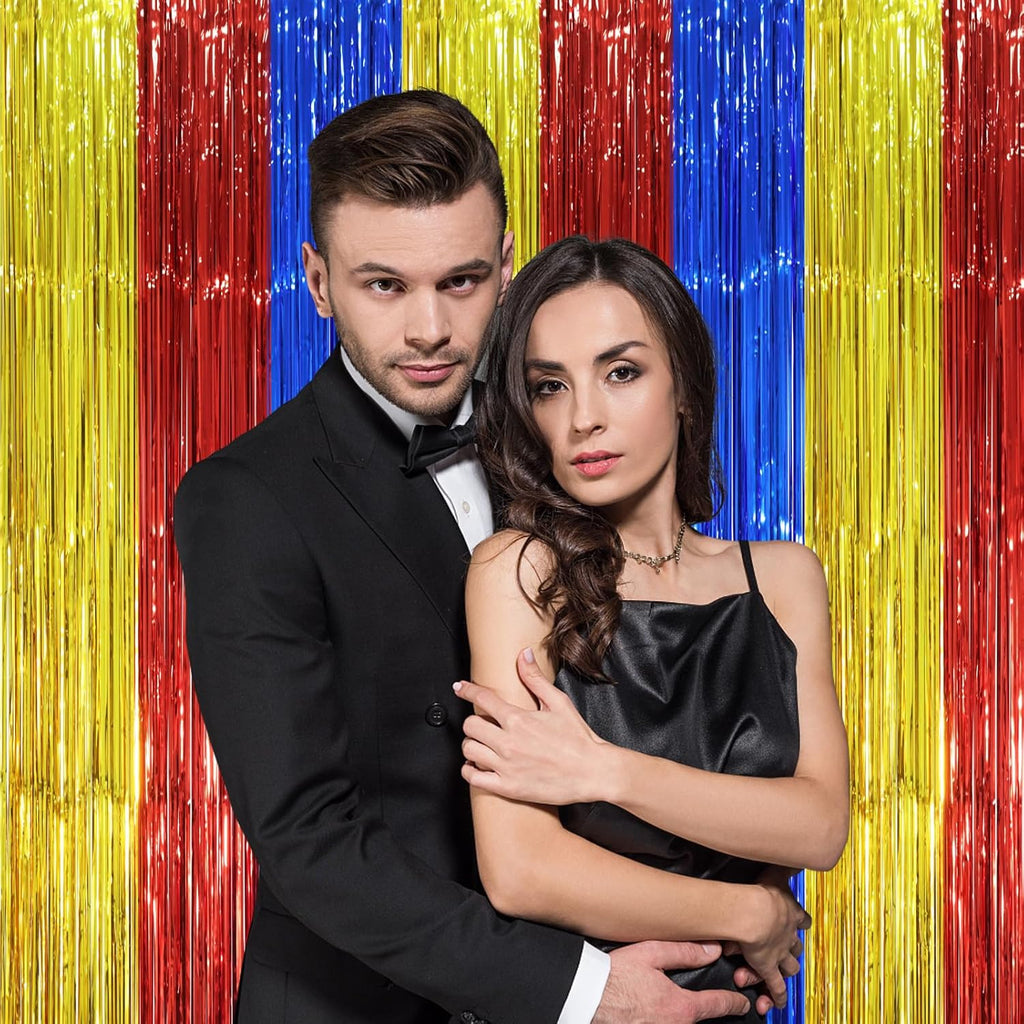 Voircoloria Fringe Backdrop Curtains - 3 Pack Tinsel Streamers in Blue, Red & Gold | 3.3 x 8.2 ft Party Decorations