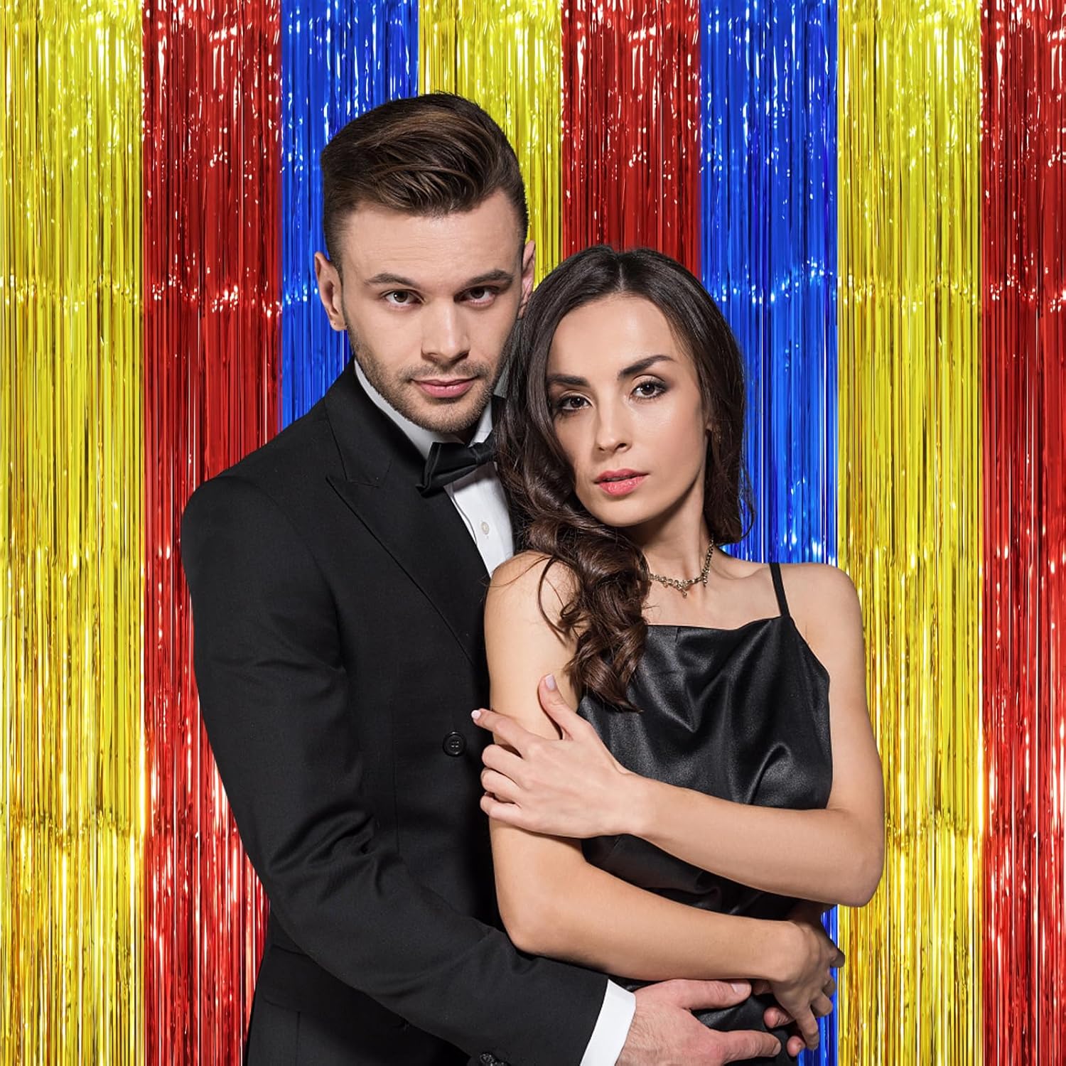 Voircoloria Fringe Backdrop Curtains - 3 Pack Tinsel Streamers in Blue, Red & Gold | 3.3 x 8.2 ft Party Decorations