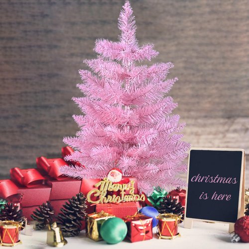 Gloreyan 2FT Artificial Christmas Tree Pink Tabletop Christmas Tree with Plastic Stand Mini Xmas Pine Tree for Party Supplies Indoor Outdoor Holiday Home Decoration (Pink)
