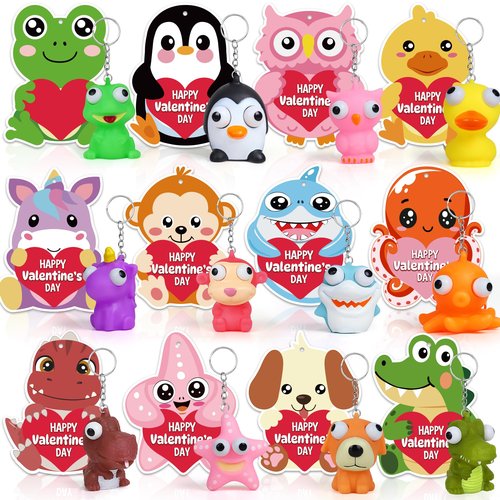 24 Pack Valentines Day Gifts for Kids, Valentines Cards for Kids Classroom with Squeeze Popping Eye Animal Keychain Toys, Class Valentine Exchange Gifts for Kid School, Valentine Party Prizes