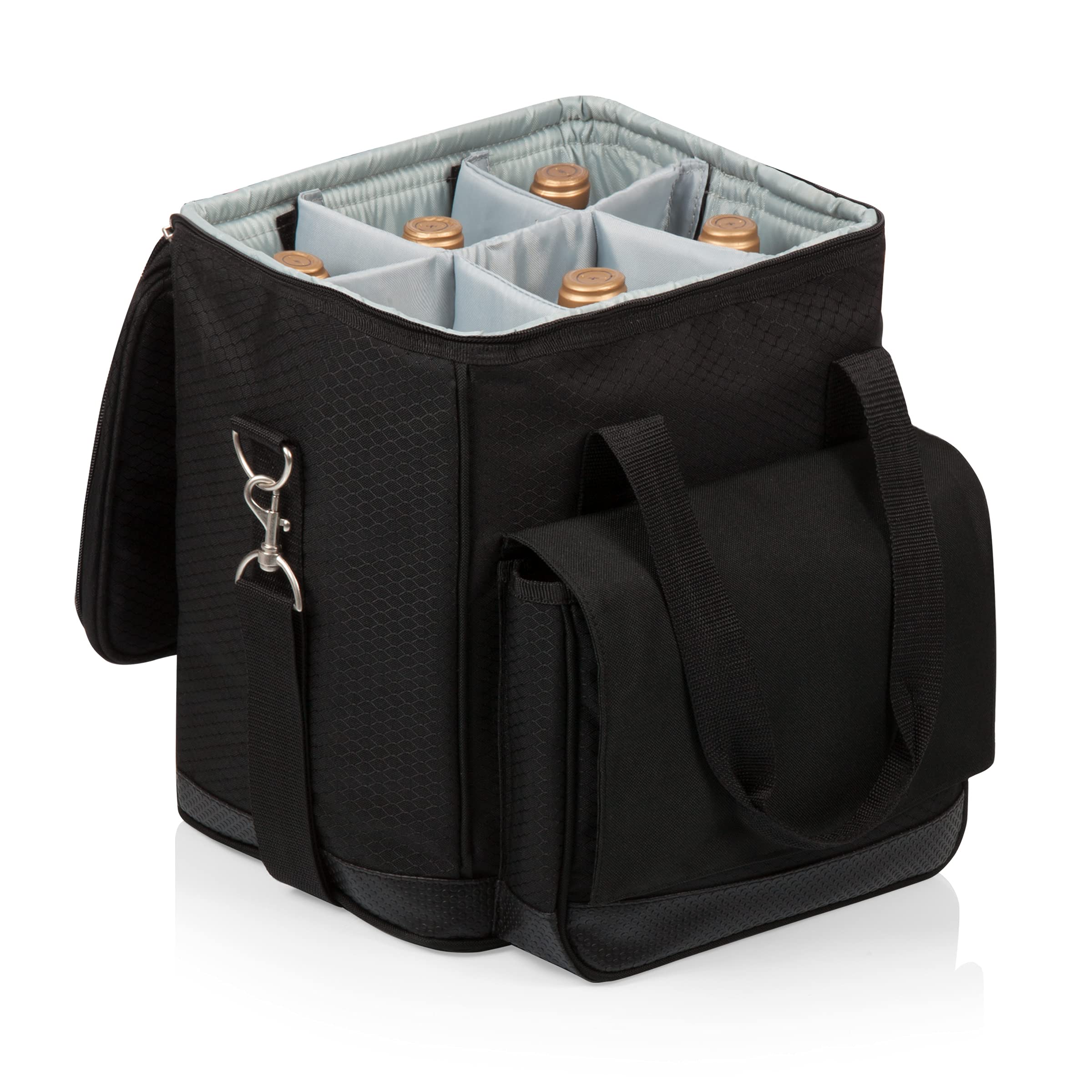 PICNIC TIME Cellar 6-Bottle Wine Carrier & Cooler Tote, Insulated Padded Wine Cooler Bag for Travel, Portable Bag with Polyester Exterior and Water-Resistant Base, (Black with Gray Accents)