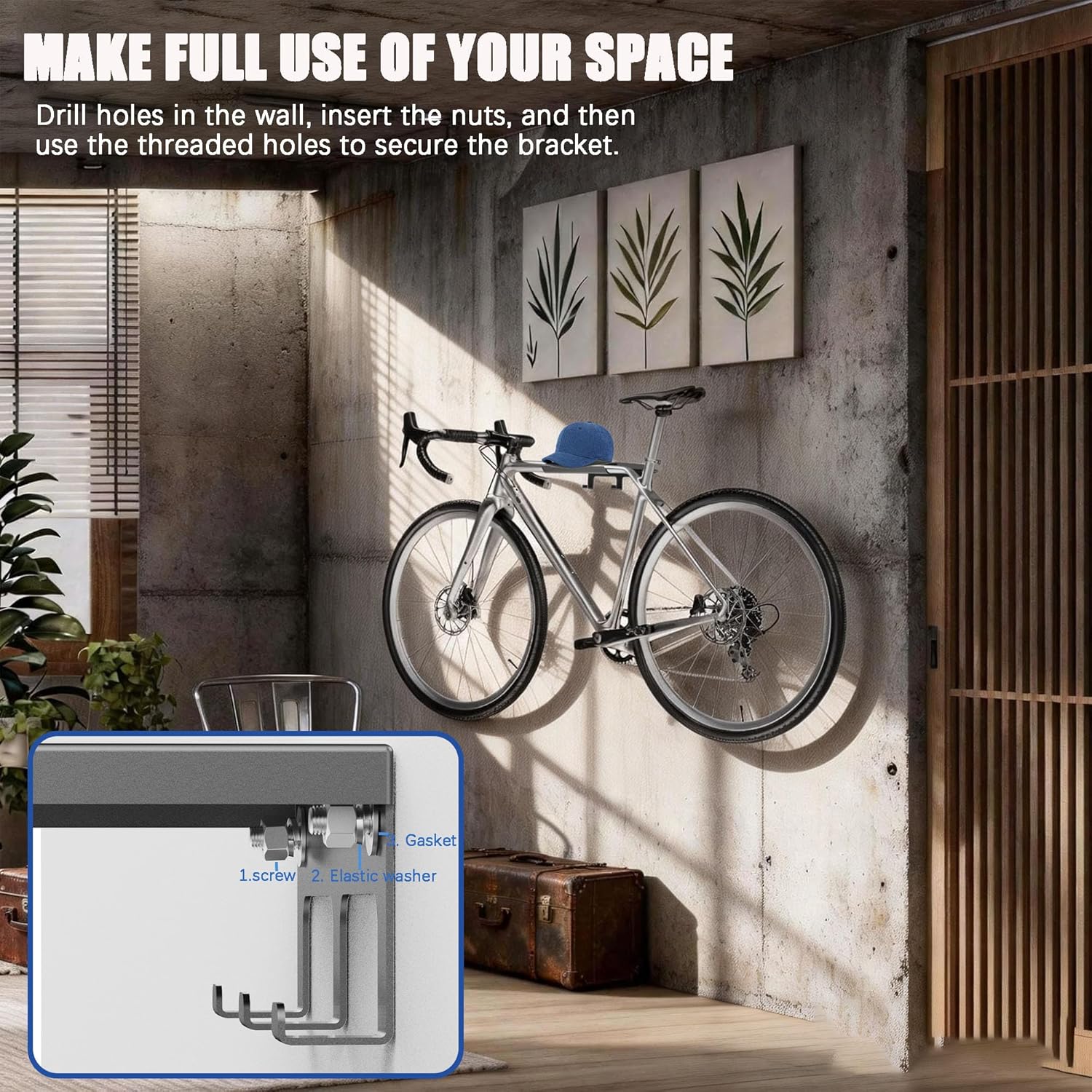 Skiennix Bike Wall Mount - Heavy-Duty Horizontal Indoor Rack for Space-Saving Storage | Fits Road, Mountain & Hybrid Bikes