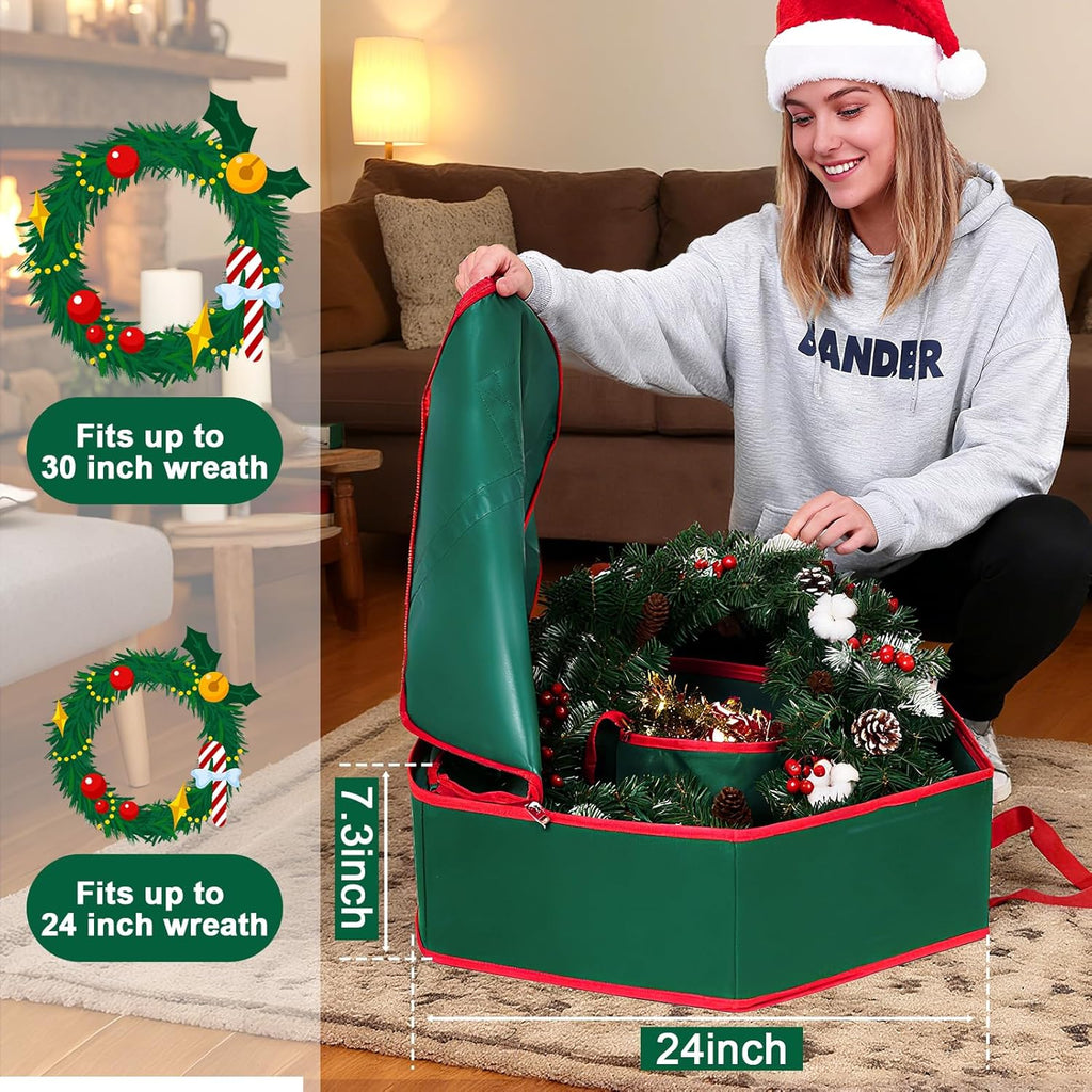 MUDEREK Christmas Wreath Storage Container - 24" Durable Hard Shell Organizer with Pockets & Dual Zipper