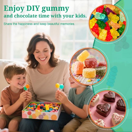 7Pcs Gummy Bear Molds Silicone, Nonstick Gummy Molds Includes Bear, 55 Cavity Round Molds, Dinosaur, Heart, Donut, Gummy Candy Chocolate Molds for Kids with 2 Droppers for Convenient Filling