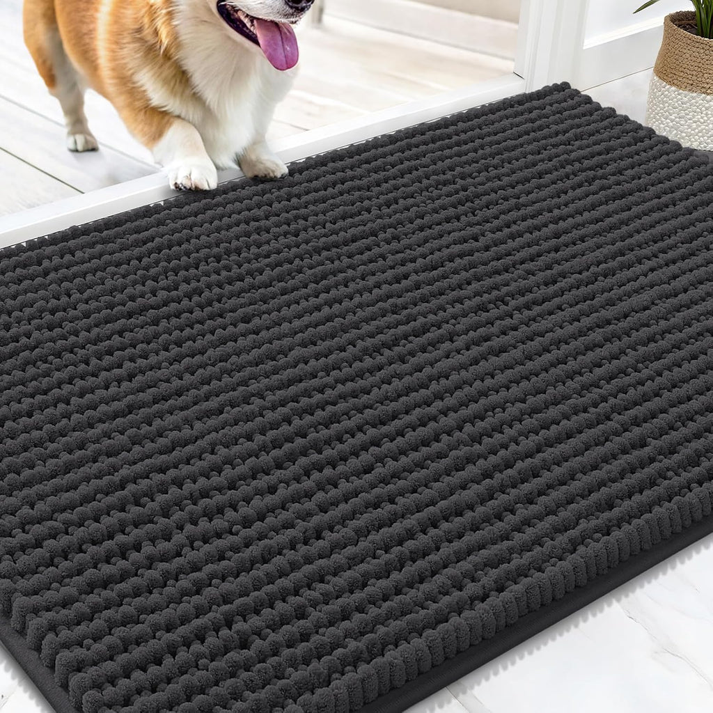 OLANLY Dog Door Mat - Ultra Absorbent Chenille Mud Doormat for Muddy Paws | Non-Slip, Washable, 30x20, Dark Grey