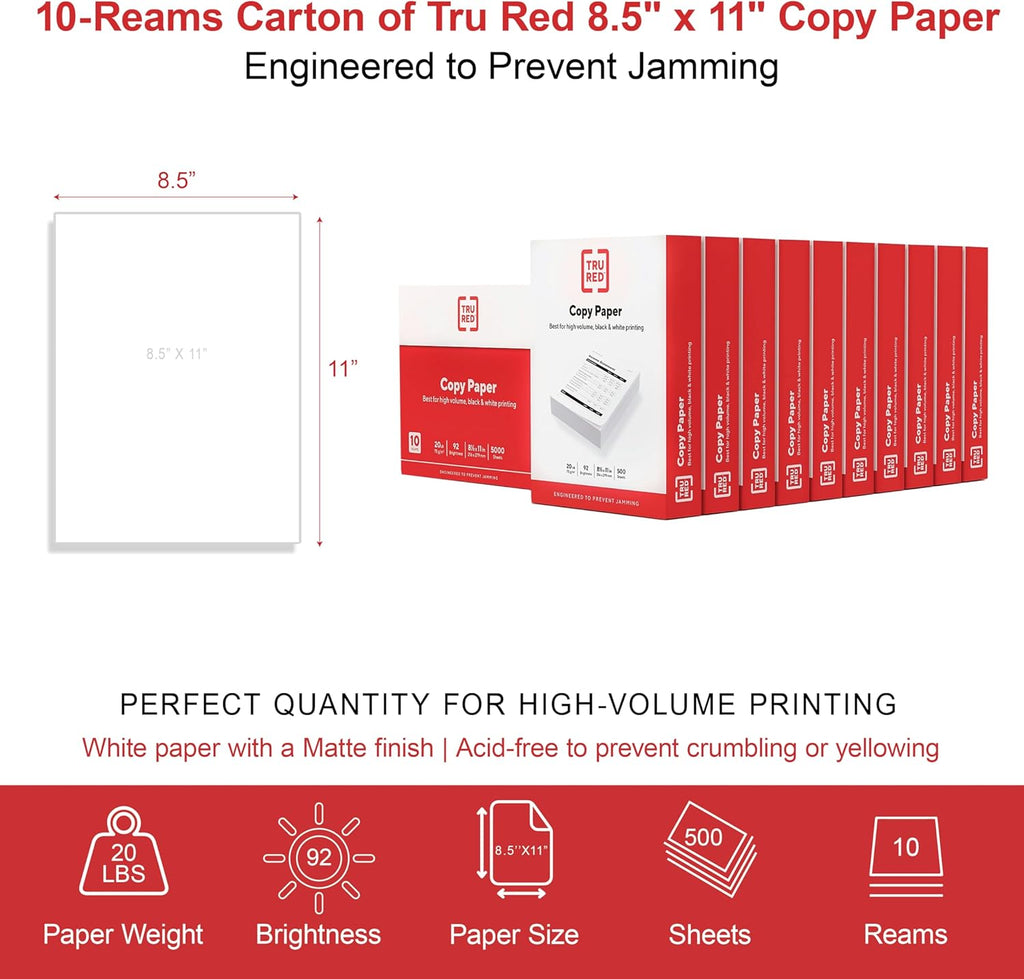 TRU RED Copy Paper - 8.5x11, 20 lb, 92 Brightness | 5000 Sheets for Office, School & Home