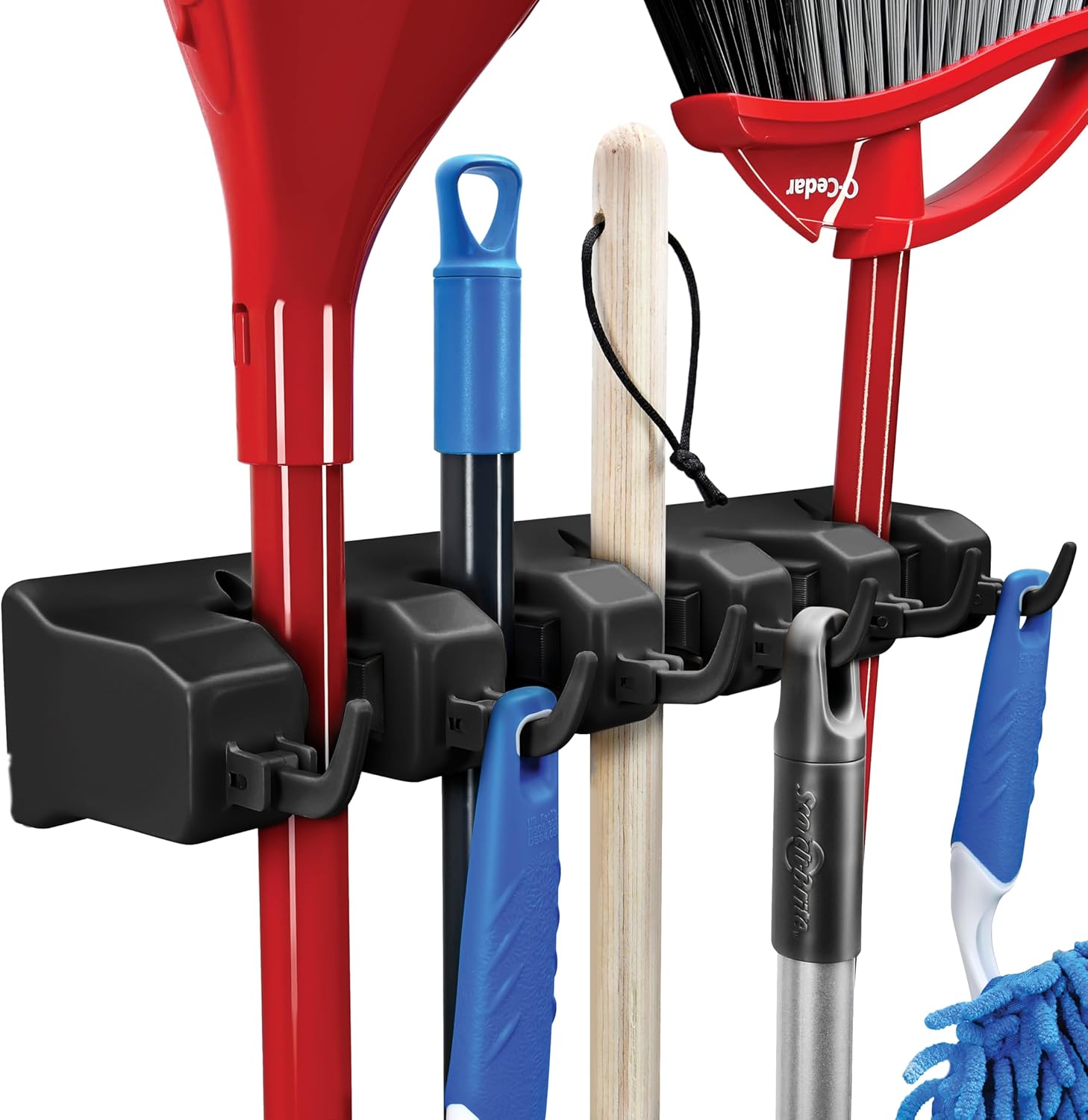 Skiennix Mop and Broom Holder Wall Mount - 5 Slots & 6 Hooks for Efficient Garage Storage | Black Organizer