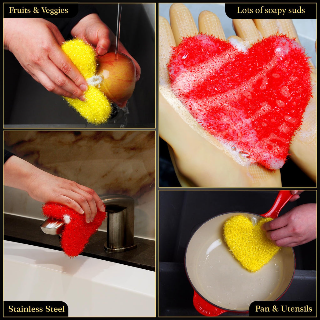 Dish Scrubber–Long Lasting, Non-Scratch, Odorless & Reusable Cookware Scrubber for Kitchen, Bathroom, and Floor–Big & Durable Alternative to Rags & Sponges, Heart Shape (3PK)