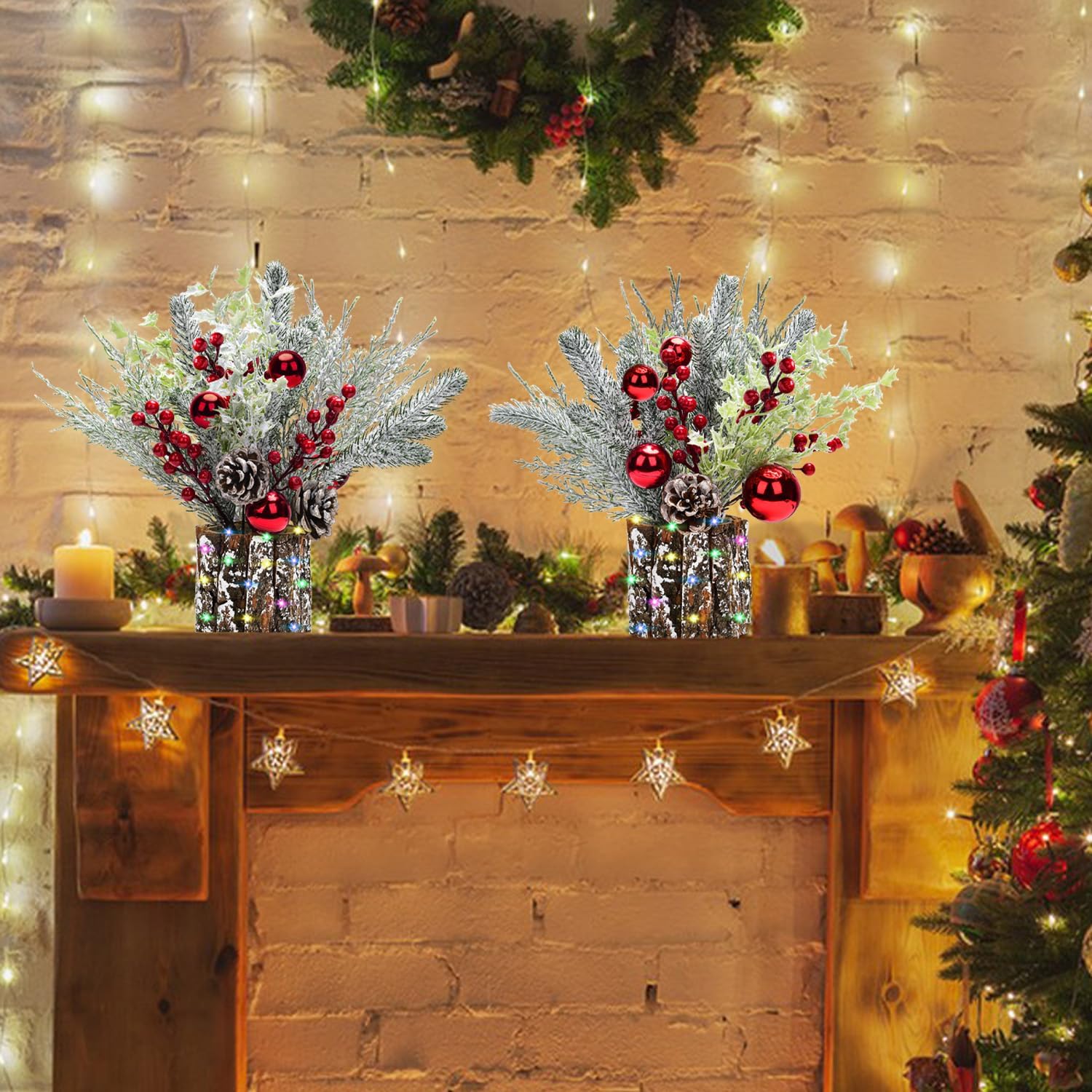 Skiennix Christmas Table Decorations - 14-Inch Potted Christmas Tree with Lights & Pine Cones | Holiday Centerpiece