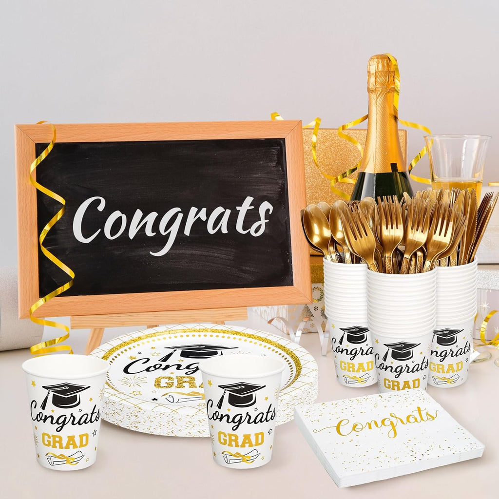 Whaline Graduation Party Supplies Set - 175 Pcs Disposable Tableware for 25 Guests | Gold Congrats Grad Plates, Napkins & Cutlery