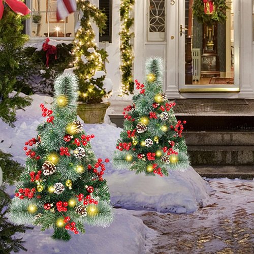 Juegoal Pre-Lit Pathway Christmas Trees - 30 Inch Artificial Urn Filler with 60 LED Lights, Red Berries & Pine Cones