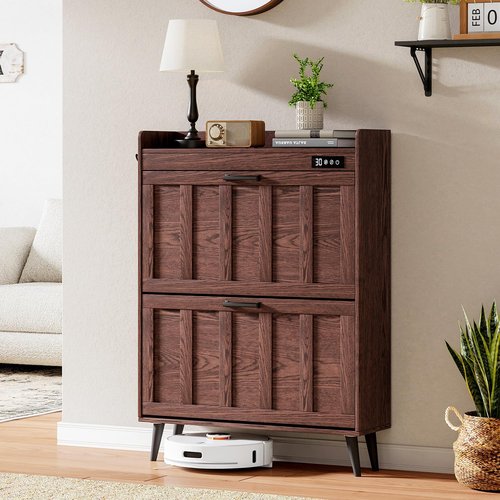 ChooChoo Shoe Storage Cabinet with 2 Flip Drawers, Deodorizing Shoe Organizer Storage for Entryway, Freestanding Hidden Slim Narrow Shoe Rack Cabinet, Walnut