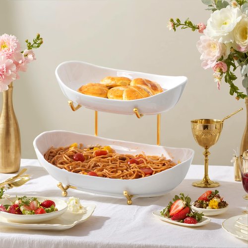 HBlife Fruit Bowl for Kitchen Counter - 2 Tier Fruit Basket with Metal Stand, Ceramic Fruit Holder, Tiered Fruit Platter Serving Trays for Party(Large Size)