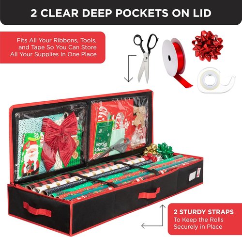 HOLDN’ STORAGE Wrapping Paper Storage Container - Durable 600D Tear-Proof Design, Fits 27 Rolls, Extra Pockets for Ribbons & Bows, Black