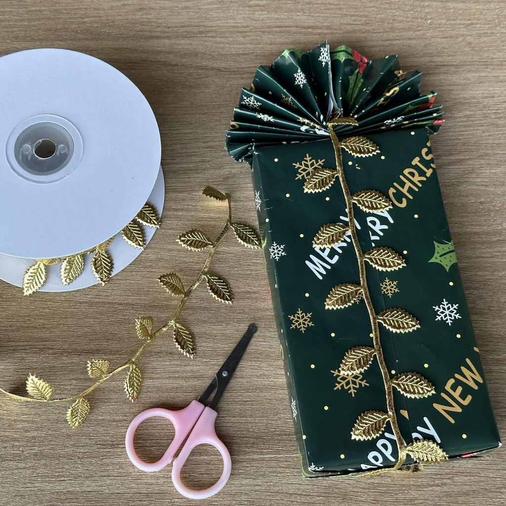 BASOKAN Gold Leaves Ribbon Trim - 20 Yards for DIY Crafts & Wedding Decorations | Elegant Gold Design