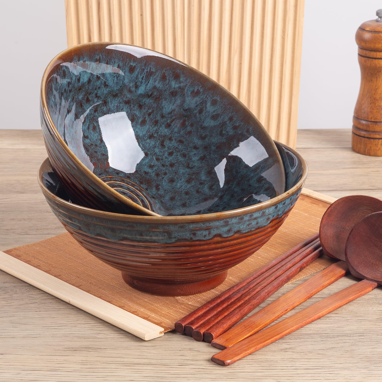 Tacuhy 40oz Japanese Ceramic Ramen Bowl Set of 2 with Chopsticks and Spoons for Pho Udon Asian Soup Noodles (Peacock Tail)