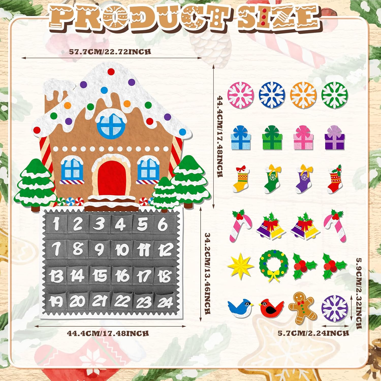 Watersay Christmas Gingerbread House Advent Calendar - 2ft Felt Countdown with 24 Pockets for Kids & Toddlers