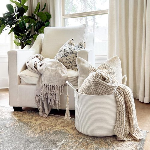 Goodpick Large Laundry Basket - Decorative White Rope Hamper for Blankets & Baby Storage | 17.7 x 12.6 Inches