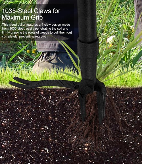 GardenWeasel Weed Puller Tool - 4-Claw Stand Up Weeding Tool with 47.8" Adjustable Stainless Steel Handle
