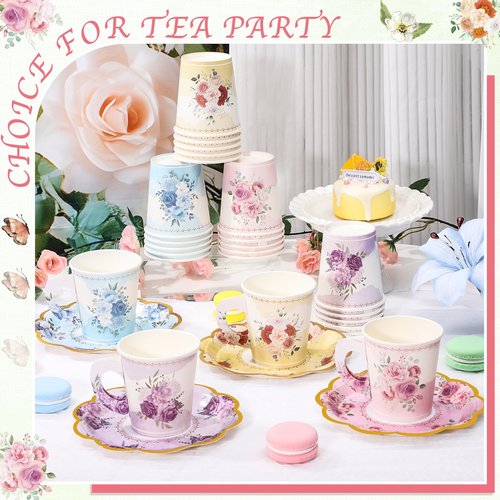 24 Sets Disposable Paper Tea Cups 7 OZ Floral Tea Party Cups with Handle and Plates Teacups and Saucer Sets for Baby Bridal Shower Wedding Birthday(Watercolor Style)