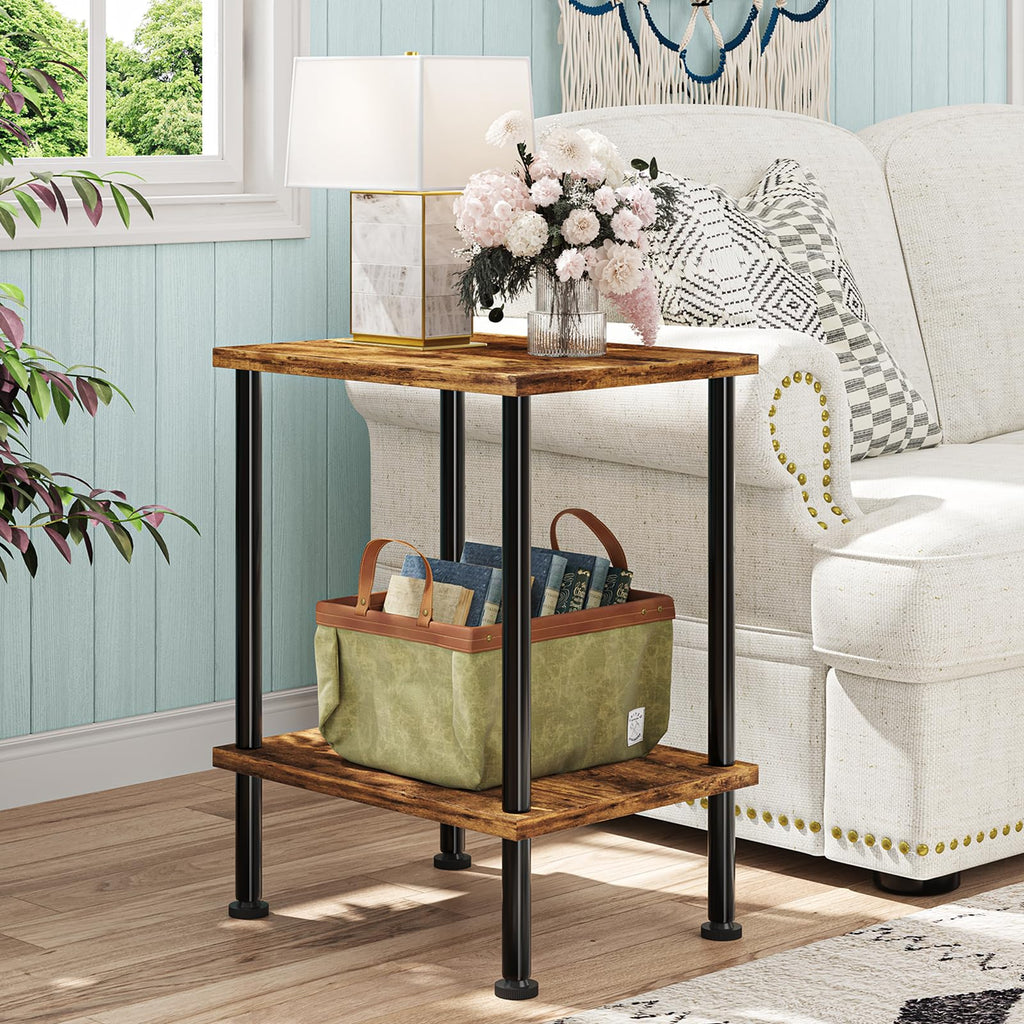 Simple Trending Side Table, Small End Table Living Room, Nightstand with 2 Tier Storage Shelves, Rustic Brown