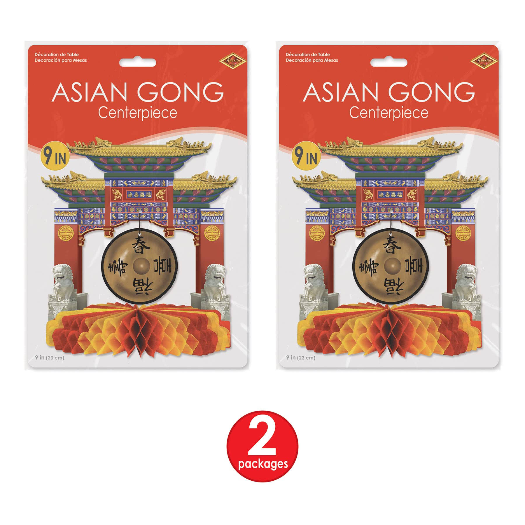 Beistle 2 Piece Chinese New Year Centerpieces - Printed Paper Asian Gongs - Zen Tissue Table Decorations For Parties