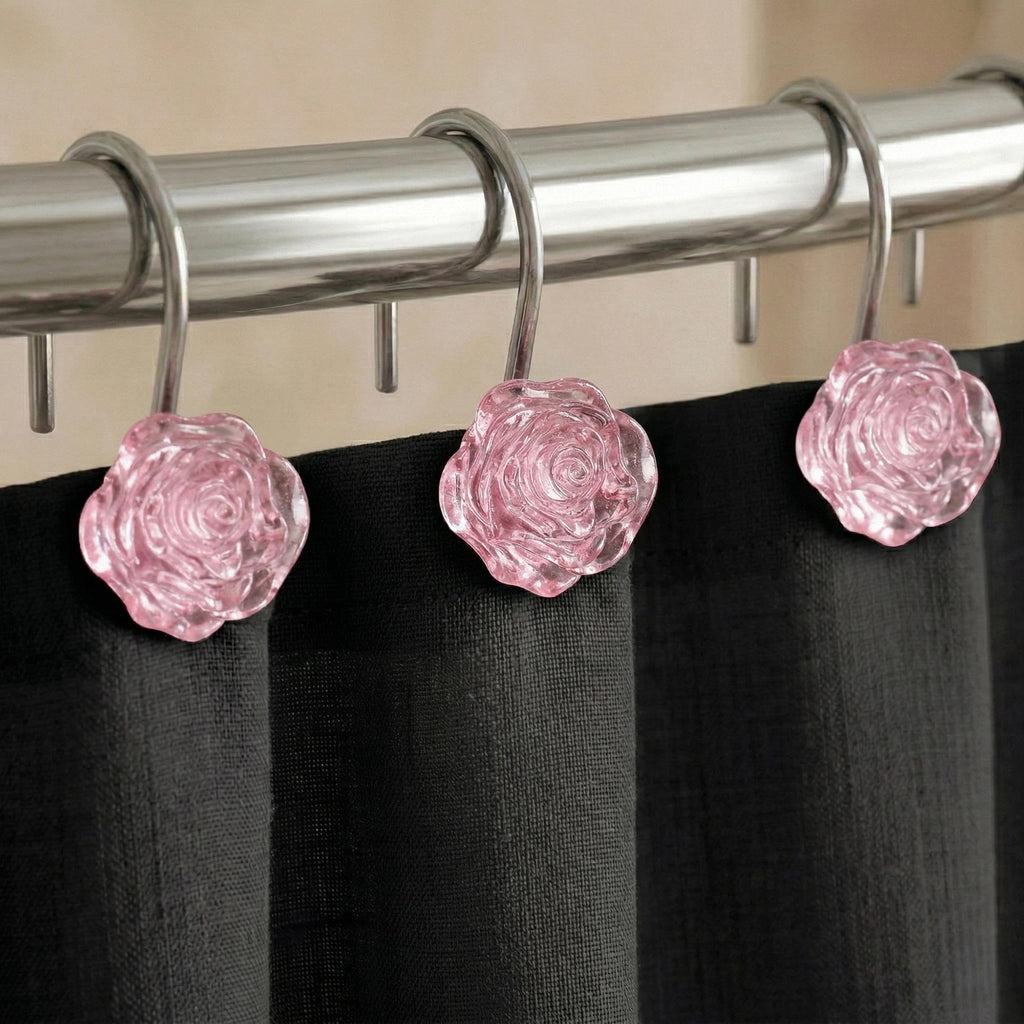 Pink Flower Shower Curtain Hooks: 12 Pcs Blush Crystal Ice Textured Decorative Rings for Floral Rose Leaf Plant Spring Shower Curtain - Cute Rustproof Hangers for Girls Bathroom & Valentines Day Decor