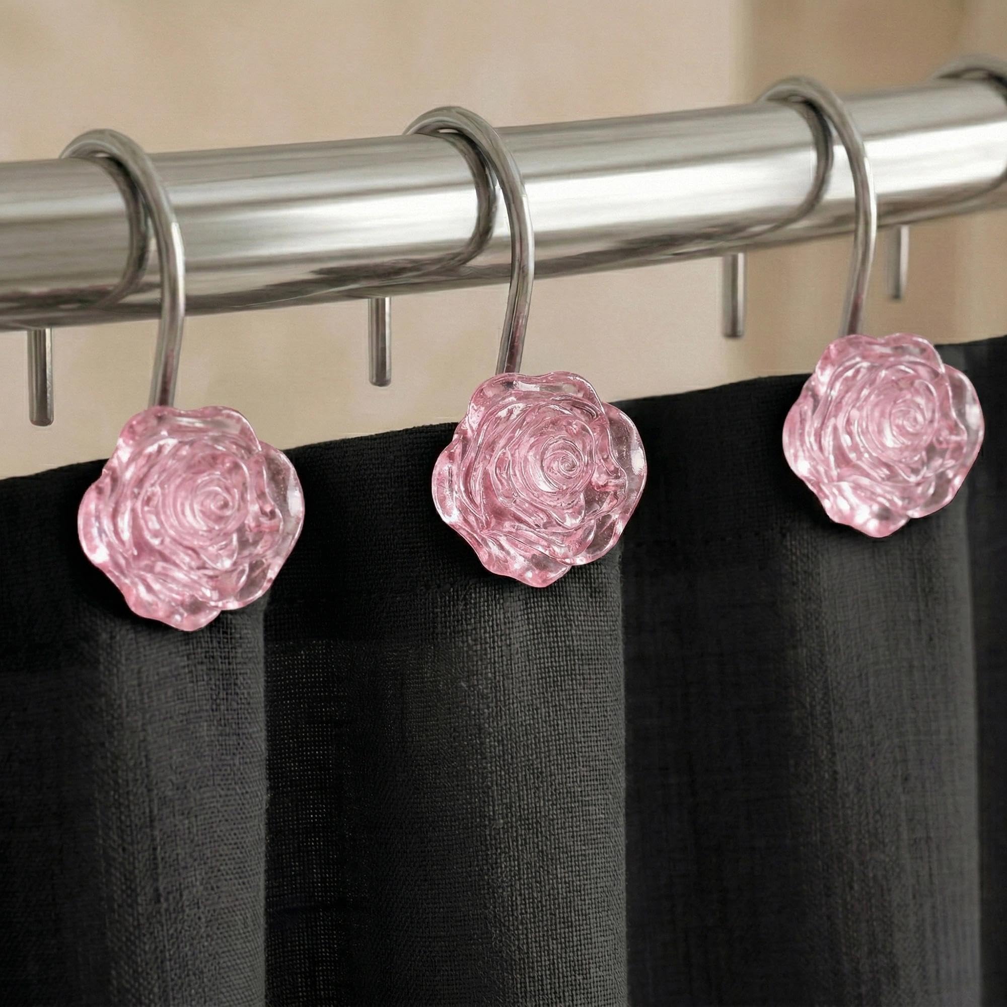 Pink Flower Shower Curtain Hooks: 12 Pcs Blush Crystal Ice Textured Decorative Rings for Floral Rose Leaf Plant Spring Shower Curtain - Cute Rustproof Hangers for Girls Bathroom & Valentines Day Decor