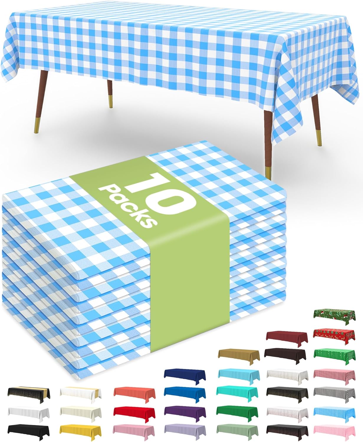 Pureegg Disposable Plastic Tablecloths - 10 Pack, 54 x 108 Inch, Blue & White Gingham, Leakproof & Sturdy