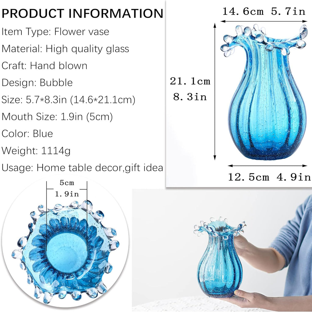 Skiennix 8-Inch Blown Glass Bubble Vase | Modern Art Flower Decor for Home & Weddings - Blue