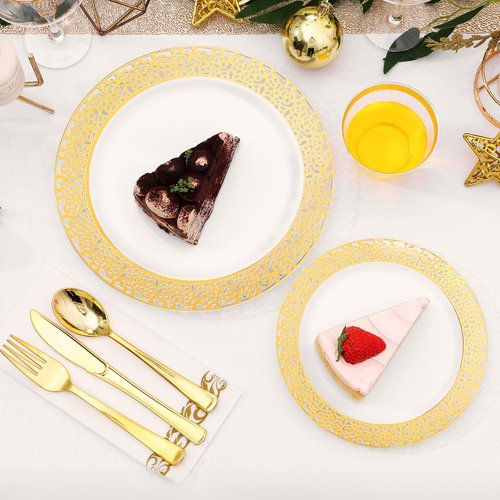 VajilaPhil 350-Piece Gold Hollow Plastic Dinnerware Set for 50 Guests, Disposable Dinnerware for Party, Wedding. Includes Dinner Plates, Dessert Plates, Gold Silverware, Napkins, Cups