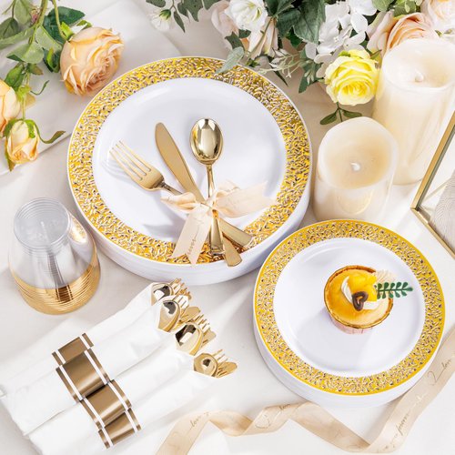 WELLIFE 50 Guests Dinnerware Sets, Gold Plastic Plates，Platos Para Fiestas Elegantes Desechables Include:50 Dinner Plates, 50 Dessert Plate, 150 Pcs Gold Plastic Silverware, 50 Cups for Party