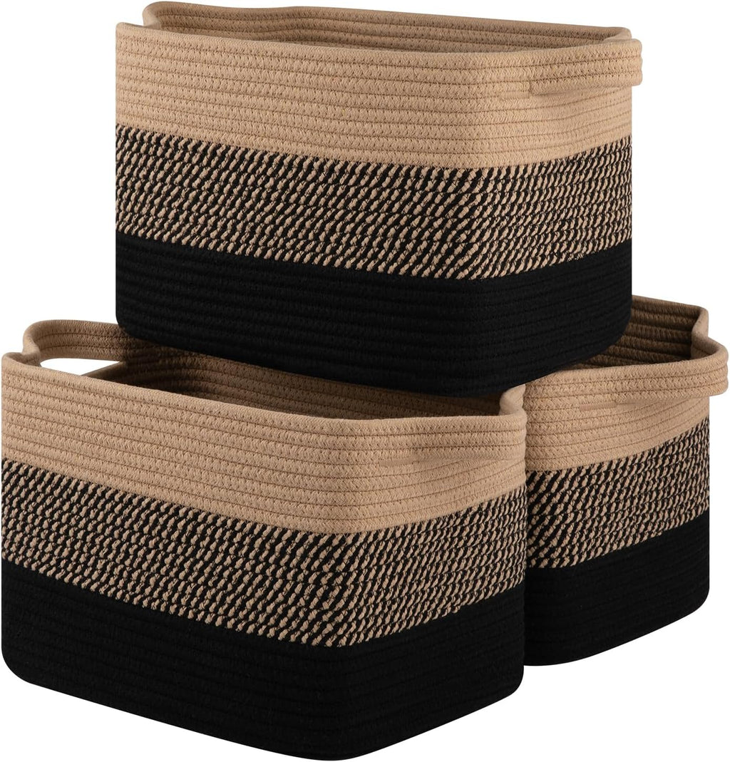 OIASKET Storage Basket - Woven Organizing Bins for Toys, Books & Nursery | Pack of 3 (Black & Brown, 13"x9.85"x8.7")