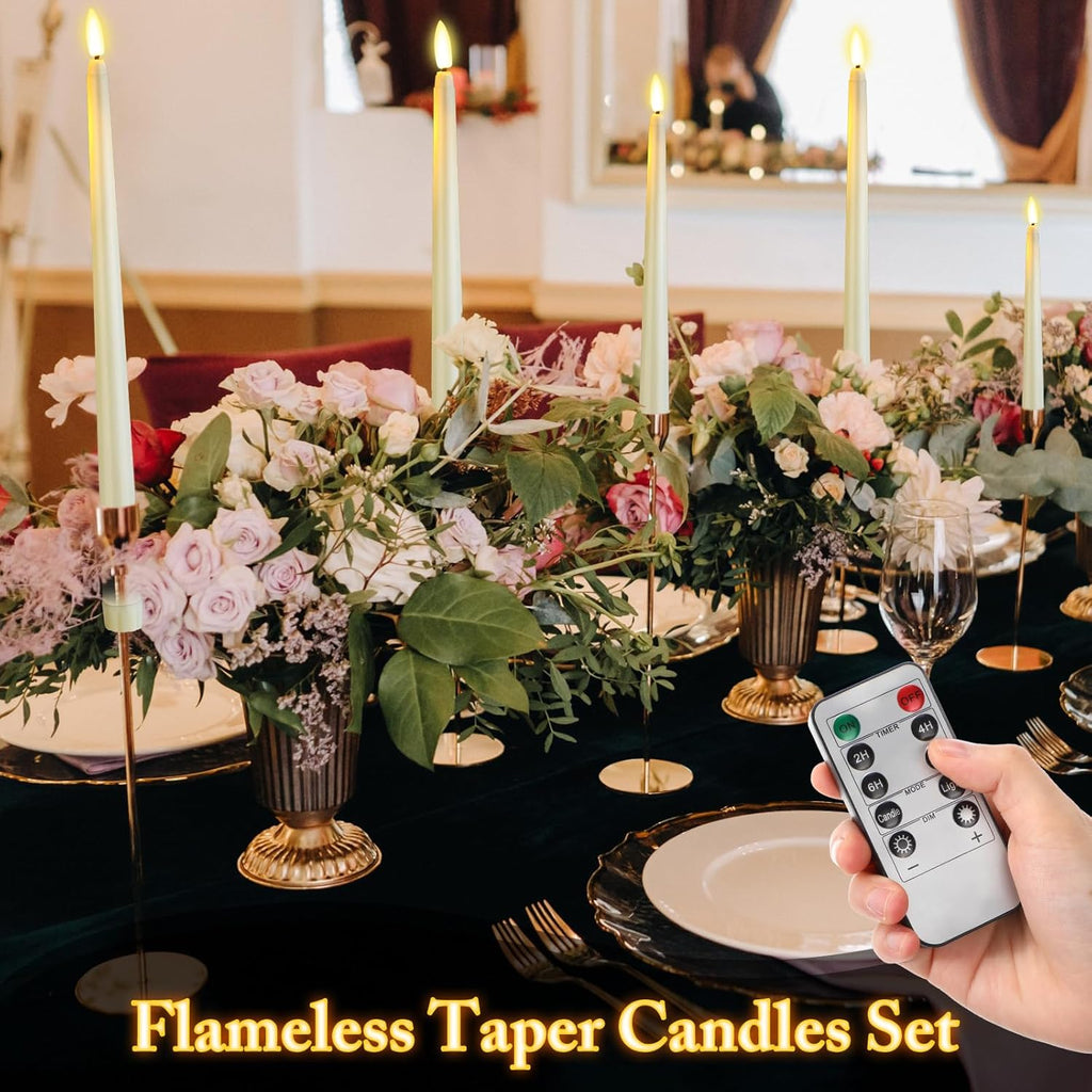 Rossesay Flameless Taper Candles - 16 Pcs Battery Operated with Remote Timer | Ivory LED Flickering for Weddings & Parties