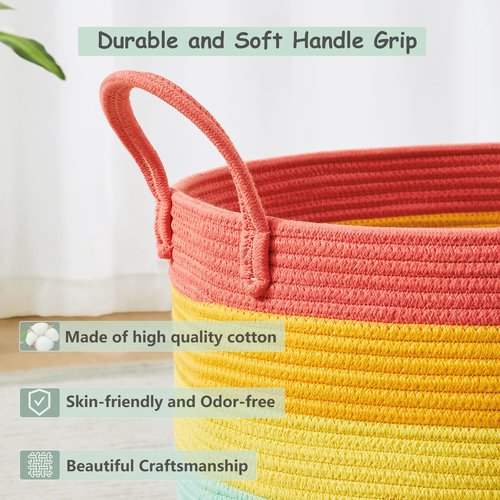 ENAORGAN 70L Rainbow Storage Basket for Blankets in Living Room Baby Kids Woven Rope Toy Basket for Laundry Nursery Hamper Extra Large